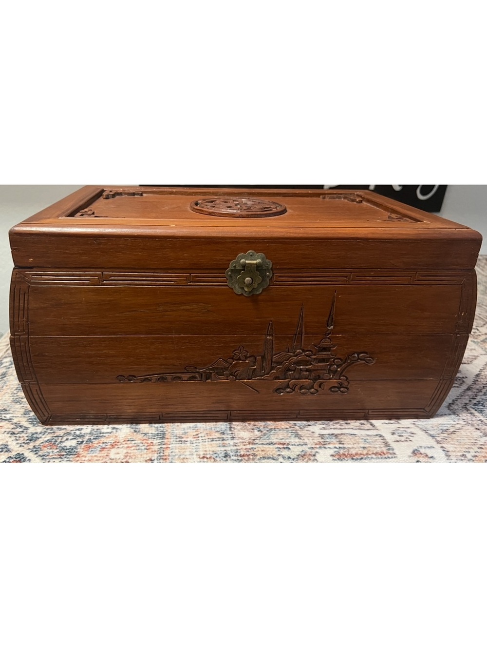 Large Carved Asian Motif Jewelry Box